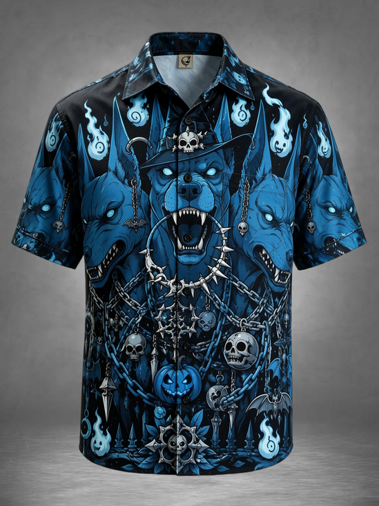 Moisture-Wicking Halloween Three Headed Hellhound Skulls Chains Pumpkin Witch Hat Chest Pocket Holiday Hawaiian Shirt