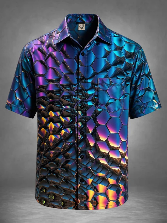 Moisture-Wicking Art 3D Holographic Iridescent Hexagon Honeycomb Chest Pocket Casual Hawaiian Shirt