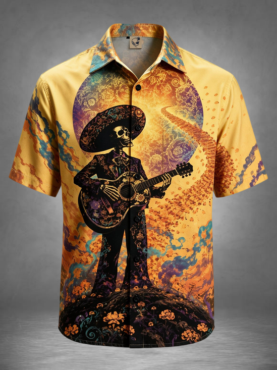 Moisture-Wicking Day Of The Dead Skull Guitarist Marigold Chest Pocket Holiday Hawaiian Shirt