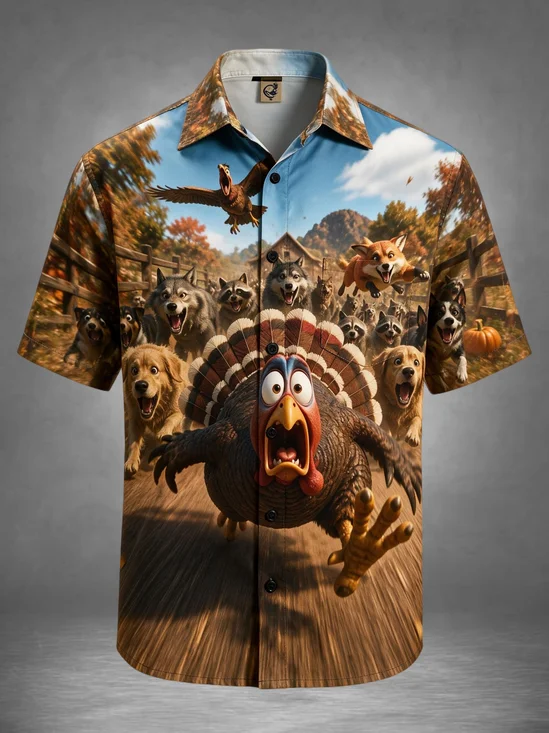 Moisture-Wicking Thanksgiving Funny Escape Turkey Wolf Dog Fox 3D Chest Pocket Holiday Hawaiian Shirt