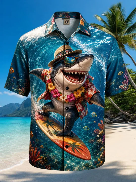 Moisture-Wicking 3D Cartoon Funny Surfing Shark Straw Hat Sunglasses Flower Garland Chest Pocket Hawaiian Shirt