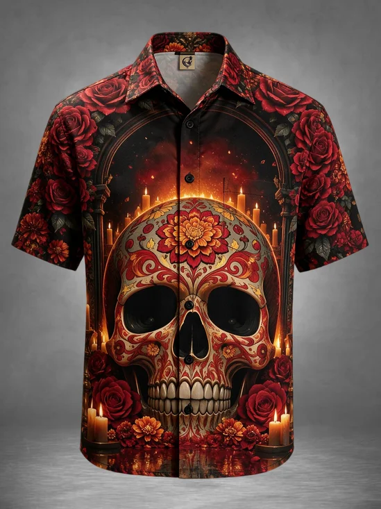 Moisture-Wicking Day Of The Dead Rose Altar Skull Candle 3D Chest Pocket Holiday Hawaiian Shirt