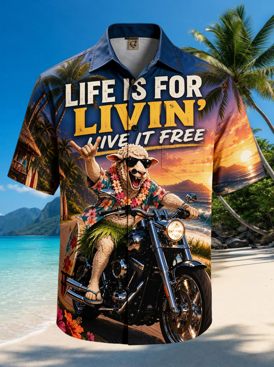 Moisture-Wicking 3D Cartoon Sheep Motorcycle American-Style Life Philosophy Slogan"Life Is For Livin' Live It Free" Chest Pocket Hawaiian Shirt