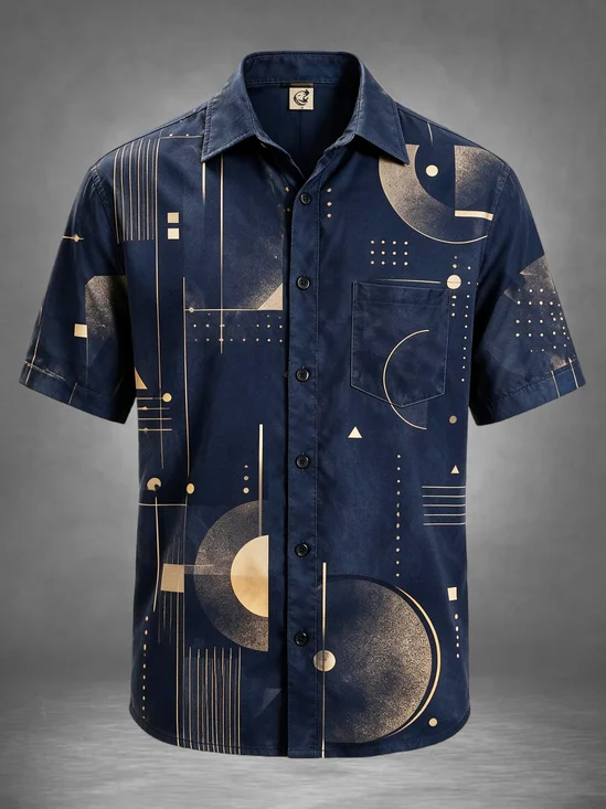 Moisture-Wicking Vintage Striped Art Deco Geometric Semicircle Circle Triangle Straight Lines Chest Pocket Casual Hawaiian Shirt