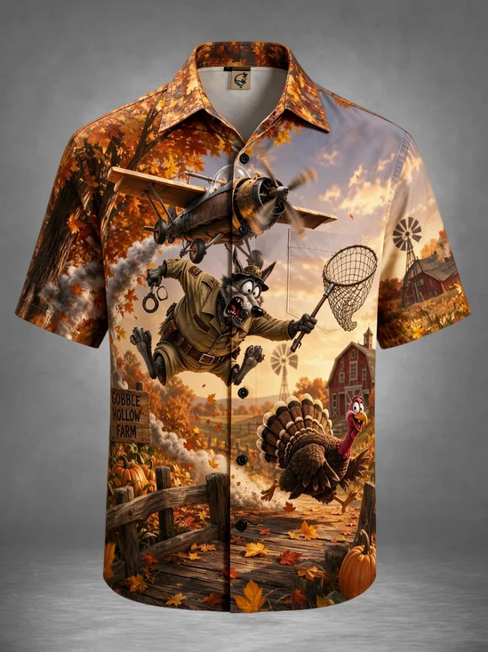 Moisture-Wicking Thanksgiving American-Style Maple Leaf Farm Funny 3D Cartoon Wolf Pilot Chasing Turkey Pumpkin Chest Pocket Holiday Hawaiian Shirt