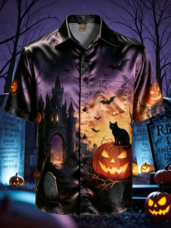 Breathable Silk Satin Halloween American-Style Haunted Castle Graveyard Pumpkin Black Cat Chest Pocket Holiday Hawaiian Shirt