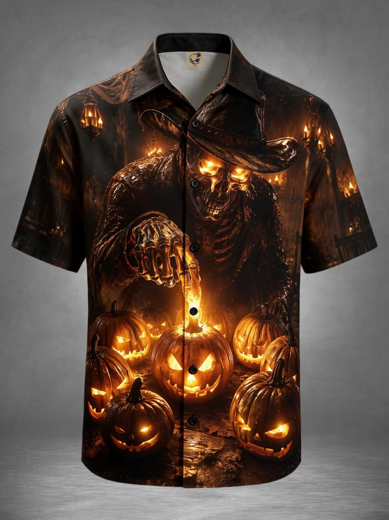 Moisture-Wicking Halloween Western Style Cowboy Skull Pumpkin 3D Printing Chest Pocket Holiday Hawaiian Shirt