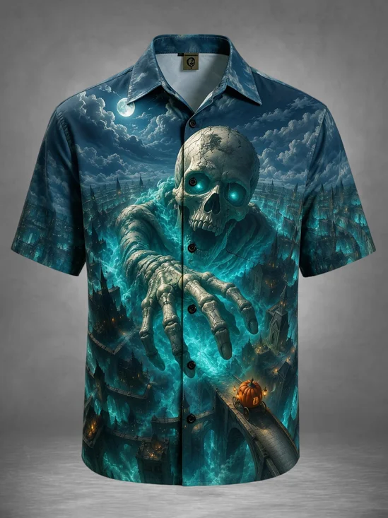 Moisture-Wicking Halloween Gothic Skull City Ruins Chest Pocket Holiday Hawaiian Shirt