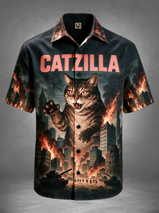Moisture-Wicking Fun Quirky Retro Monster Giant Tabby Cat City Chest Pocket Hawaiian Shirt