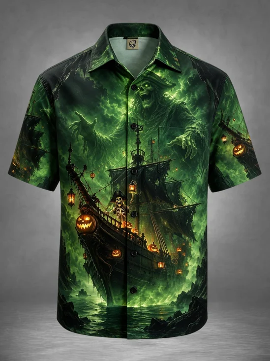 Moisture-Wicking Halloween Spooky Ghost Pirate Ship Skull Pumpkin Chest Pocket Holiday Hawaiian Shirt