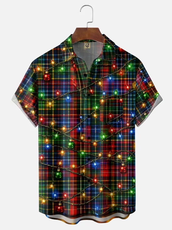 Moisture-Wicking Christmas Plaid & String Light Chest Pocket Hawaiian Shirt