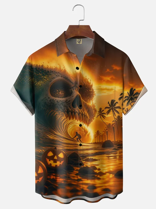 Moisture-Wicking Halloween Pumpkin Skull Beach Wave Chest Pocket Hawaiian Shirt