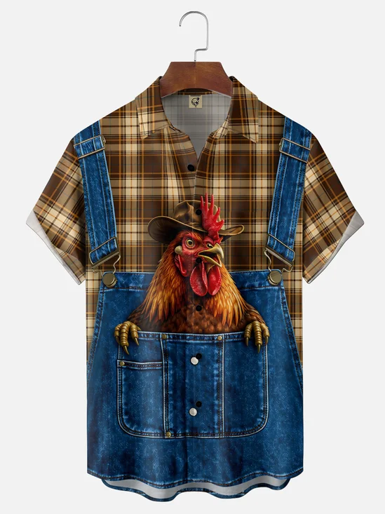 Moisture-Wicking Plaid Denim "Rooster"  Chest Pocket Hawaiian Shirt