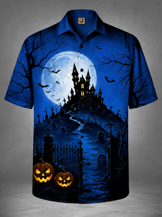 Moisture-Wicking Halloween Moon Castle Graveyard Bat Tombstones Pumpkin Holiday Hawaiian Shirt