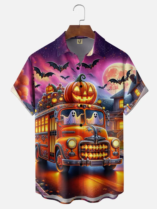 Moisture-Wicking Halloween School Bus Pumpkin Head Ghost Bat Chest Pocket Hawaiian Shirt