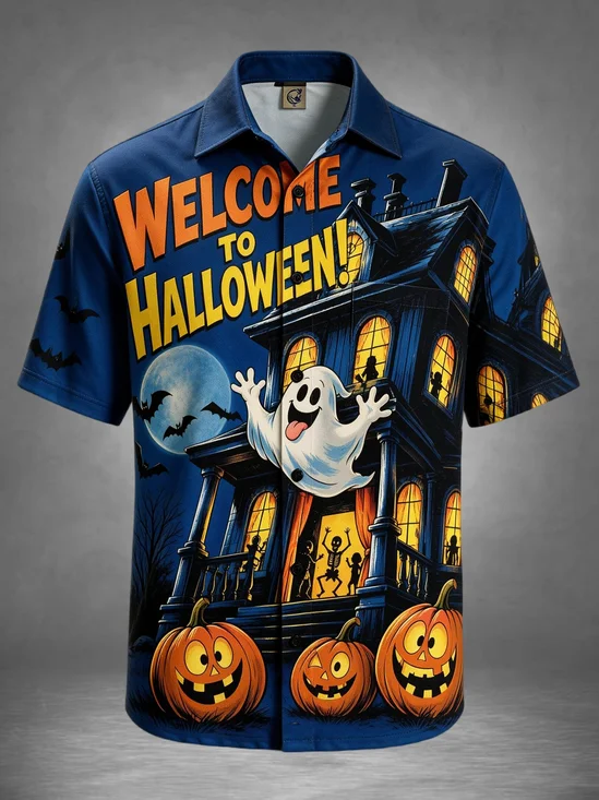 Moisture-Wicking Halloween "Welcome To Halloween" Cartoon Ghost Haunted House Pumpkins Bat Chest Pocket Holiday Hawaiian Shirt