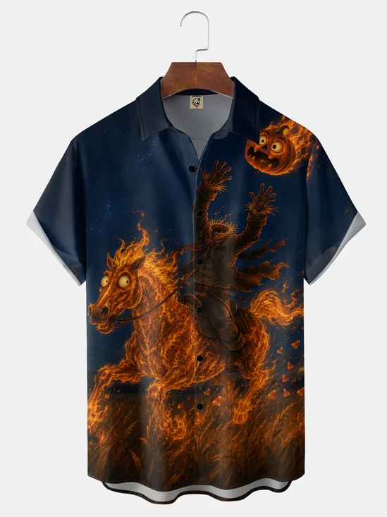 Moisture-Wicking Halloween Skull Pumpkin Horse Chest Pocket Holiday Halloween Shirt