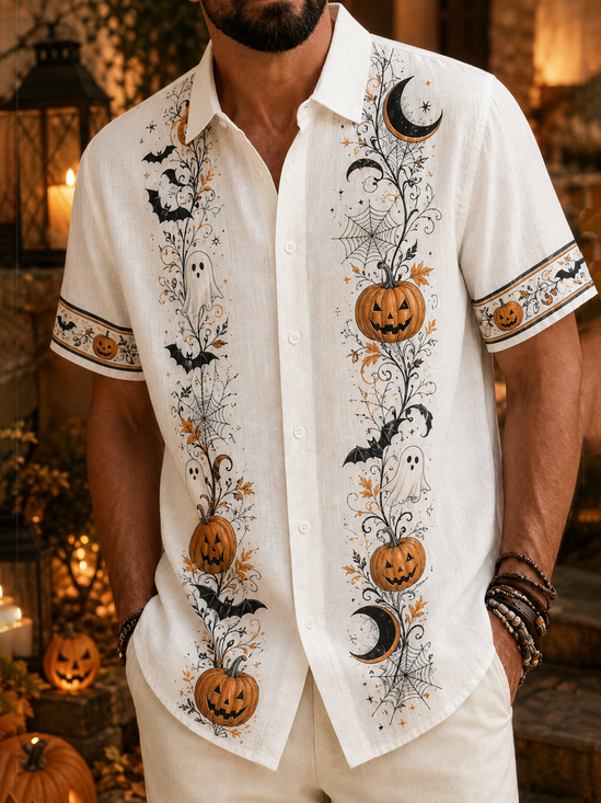 Linen-Texture Halloween Pumpkin Bat Casual Shirt