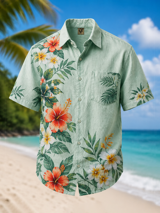 Linen-Texture Tropical Floral Print Chest Pocket Hawaiian Shirt