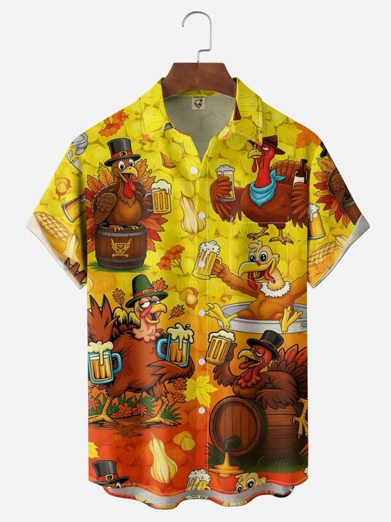 Moisture-Wicking Thanksgiving Beer & Turkey Print  Chest Pocket Hawaiian Shirt