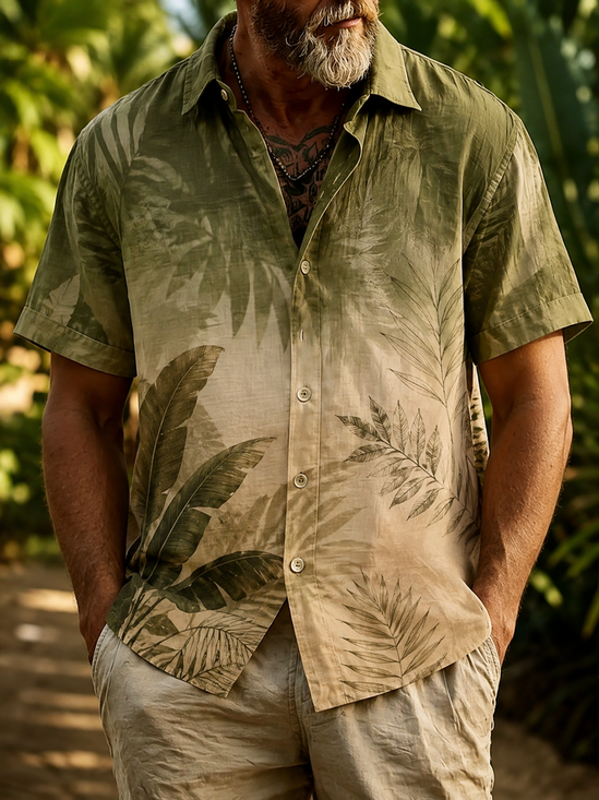 Linen-Texture Tropical Floral Print Chest Pocket Hawaiian Shirt