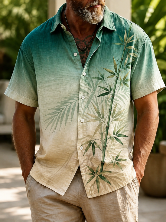 Linen-Texture Bamboo Leaf Hawaiian Shirt