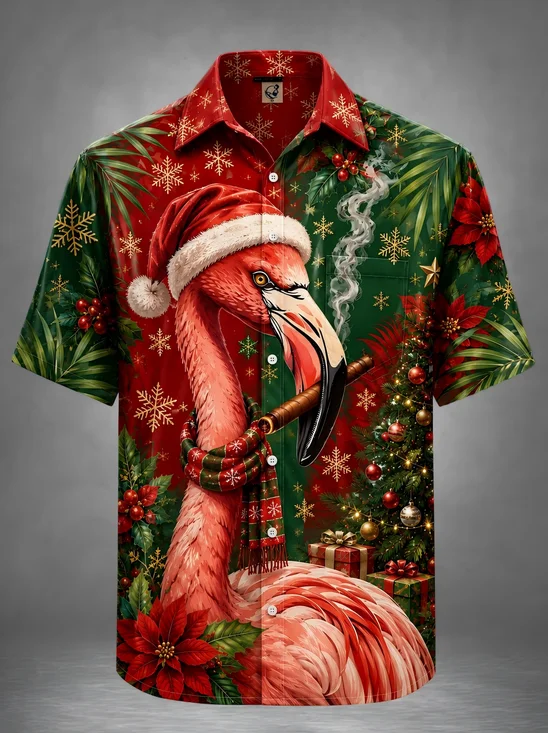 Moisture-Wicking Christmas Vintage American-Style Funnny Cartoon Flamingo Cigar Christmas Scarf Chest Pocket Holiday Hawaiian Shirt