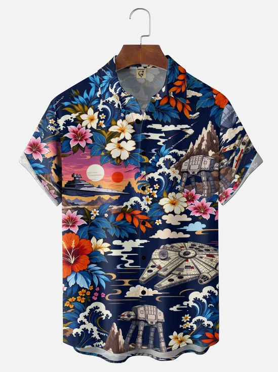 Moisture-Wicking Tropical Floral & Interstellar Spaceship Print Chest Pocket Hawaiian Shirt