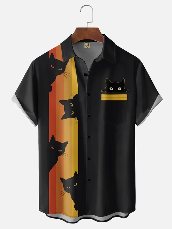 Moisture-Wicking Striped Black Cat Chest Pocket Bowling Shirt