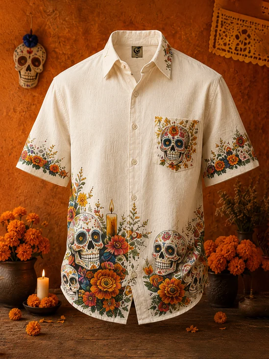 Linen-Texture Day of the Dead Floral Skull Print Chest Pocket Casual Shirt