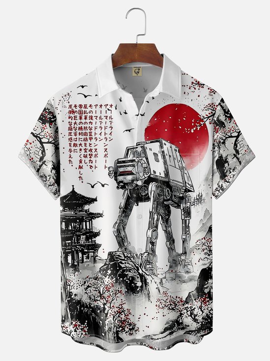 Moisture-Wickng Retro Ink-Wash Interstellar Spaceship Chest Pocket Hawaiian Shirt