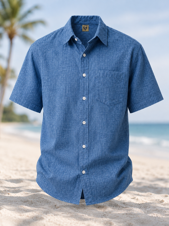 Linen-Texture Solid Chest Pocket Casual Shirt