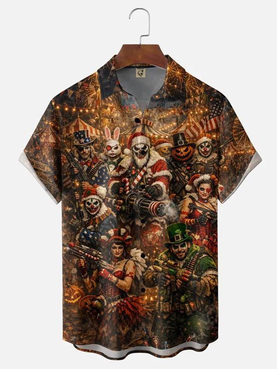 Moisture-Wicking Halloween Pumpkins & Christmas Monsters Chest Pocket Hawaiian Shirt