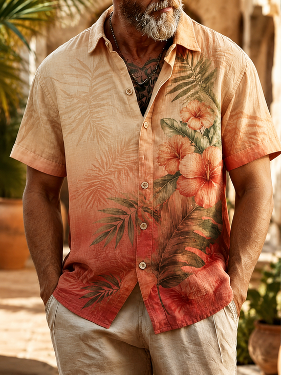 Linen-Texture Tropical Floral Print  Chest Pocket Hawaiian Shirt