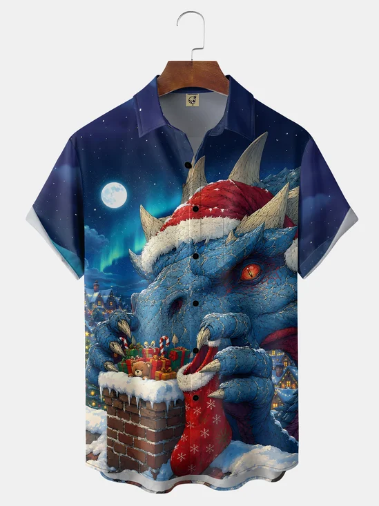 Moisture-Wicking  Christmas Dinosaur American-Style Fantasy CartoonFunnny Chimney Christmas Gift Chest Pocket Holiday Hawaiian Shirt
