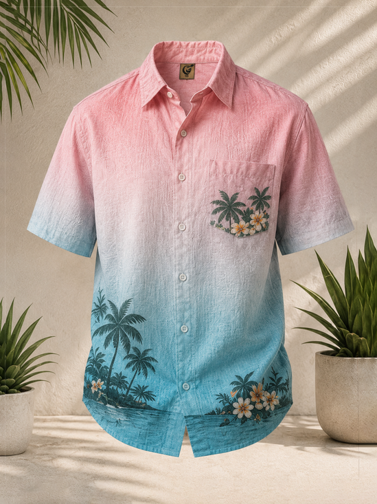 Linen-Texture Tropical Floral Print Chest Pocket Hawaiian Shirt