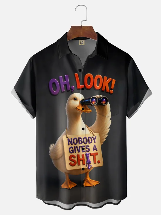 Moisture-Wicking "OH LOOK!" Playful Goose Chest-Pocket Hawaiian Shirt