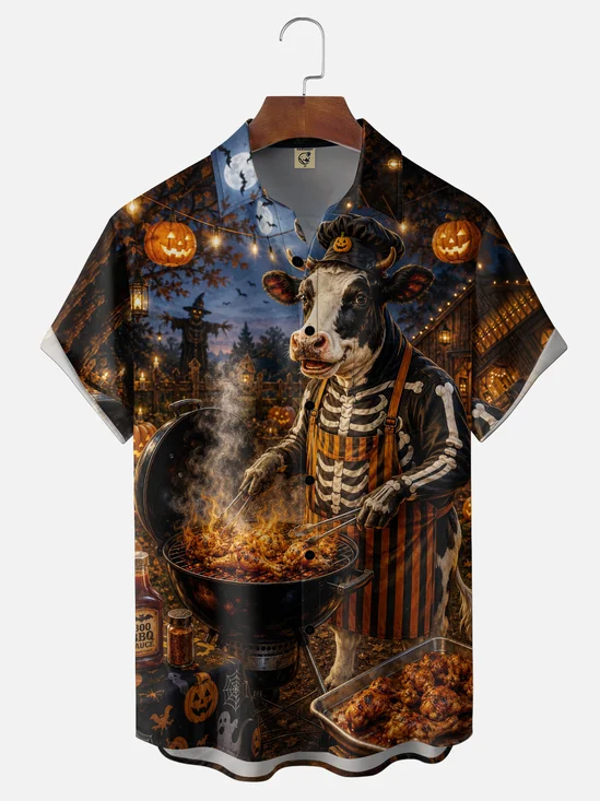 Moisture-Wicking Halloween BBQ Party "Cow Chef"  Chest Pocket Hawaiian Shirt