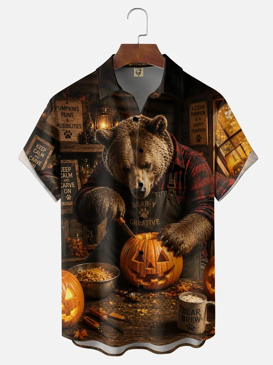 Moisture-Wicking Halloween Pumpkin-Head Bear Chest-Pocket Hawaiian Shirt