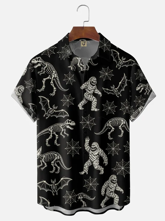 Moisture-Wicking  Gradient Designs Halloween Bigfoot Skeleton Dinosaur Spiderweb Bat  Chest Pocket Hawaiian Shirt