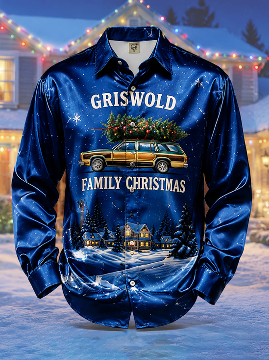 Breathable Silk Satin Christmas Griswold Vintage Car Casual Long-Sleeve Shirt