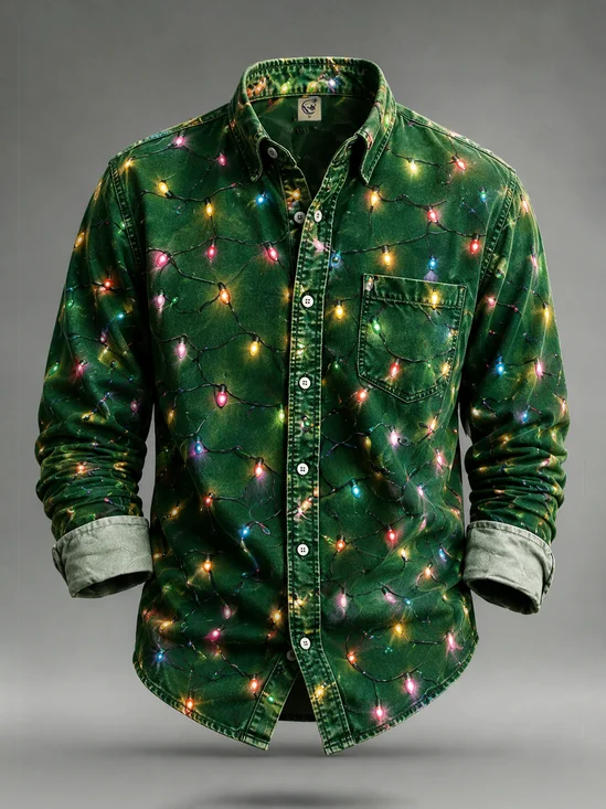 Moisture-Wicking Christmas Light-Print Chest Pocket Long-Sleeve Casual Shirt