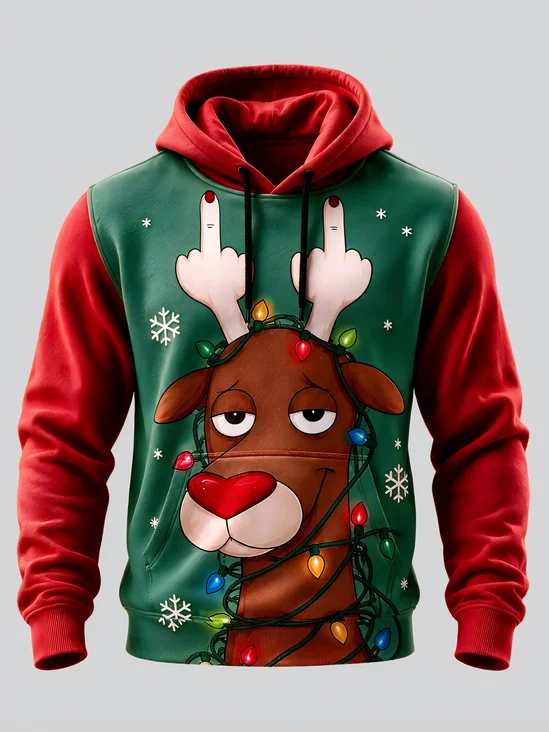 Christmas Elk American‑Style Parody Cartoon Flat Color Ugly Christmas Lights Kangaroo-Pocket Hoodie Sweatshirt