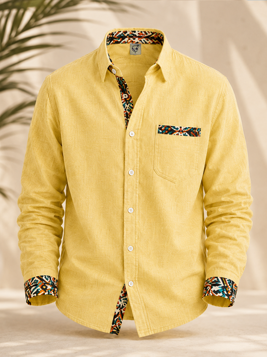 Linen-Texture Geometric Solid-Color Paneling Chest Pocket Long-Sleeve Casual Shirt