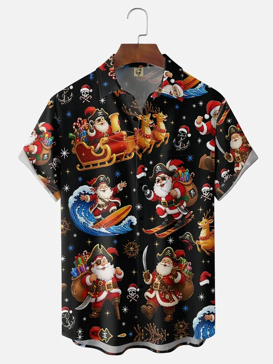 Moisture-Wicking Christmas Pirate Santa & Reindeer Chest Pocket Hawaiian Shirt