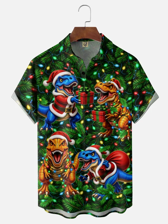Moisture-Wicking Gradient Christmas  Dinosaur In Santa Hat & String Lights  Chest Pocket Hawaiian Shirt