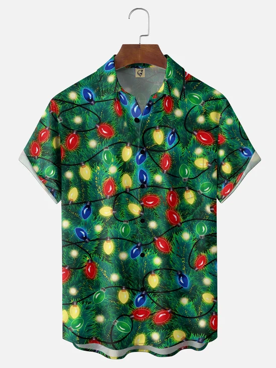 Moisture-Wicking Gradient Christmas Design Pine Needles & String Lights Chest Pocket Hawaiian Shirt