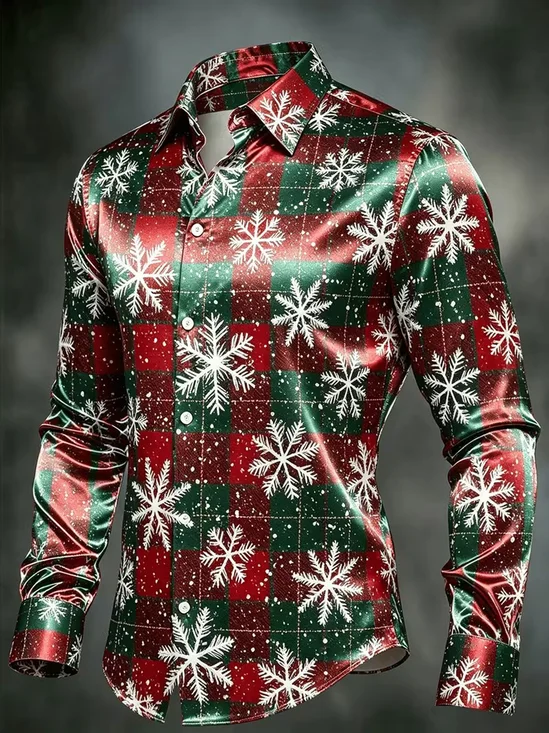 Breathable Silk Satin  Christmas Plaid & Snowflake Print Casual Long-Sleeve Shirt