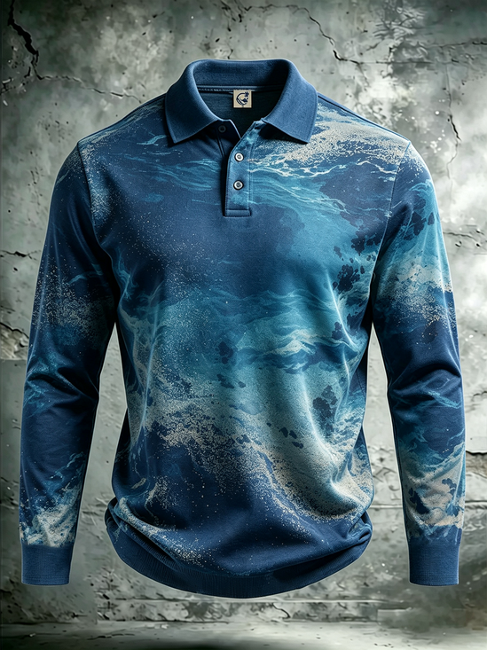Moisture-Wicking Gradient 3D Abstract Karst-Pattern Long-Sleeve Hawaiian Golf Polo