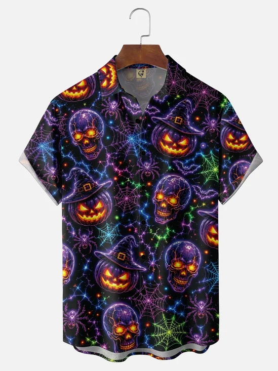 Moisture-Wicking Neon Halloween Skull Pumpkin Spiderweb Prints Chest Pocket Hawaiian Shirt